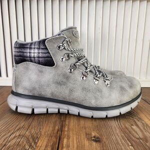 Skechers Synergy Plaid Mood Womens Sz 10 Gray Faux Fur Lined Hiking Boots 167939